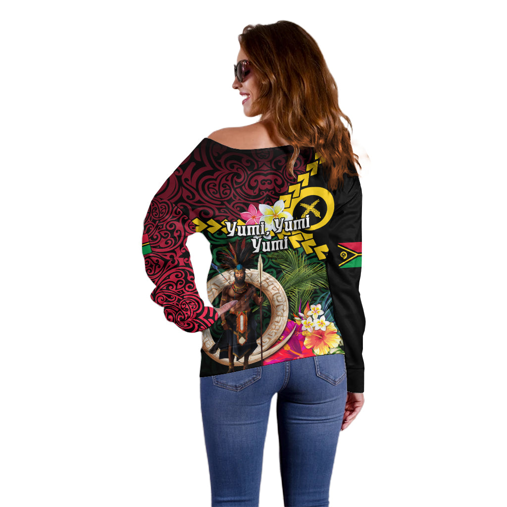 Vanuatu Indipendens Dei Off Shoulder Sweater Boars Tusk and Melanesian Warrior Hibiscus