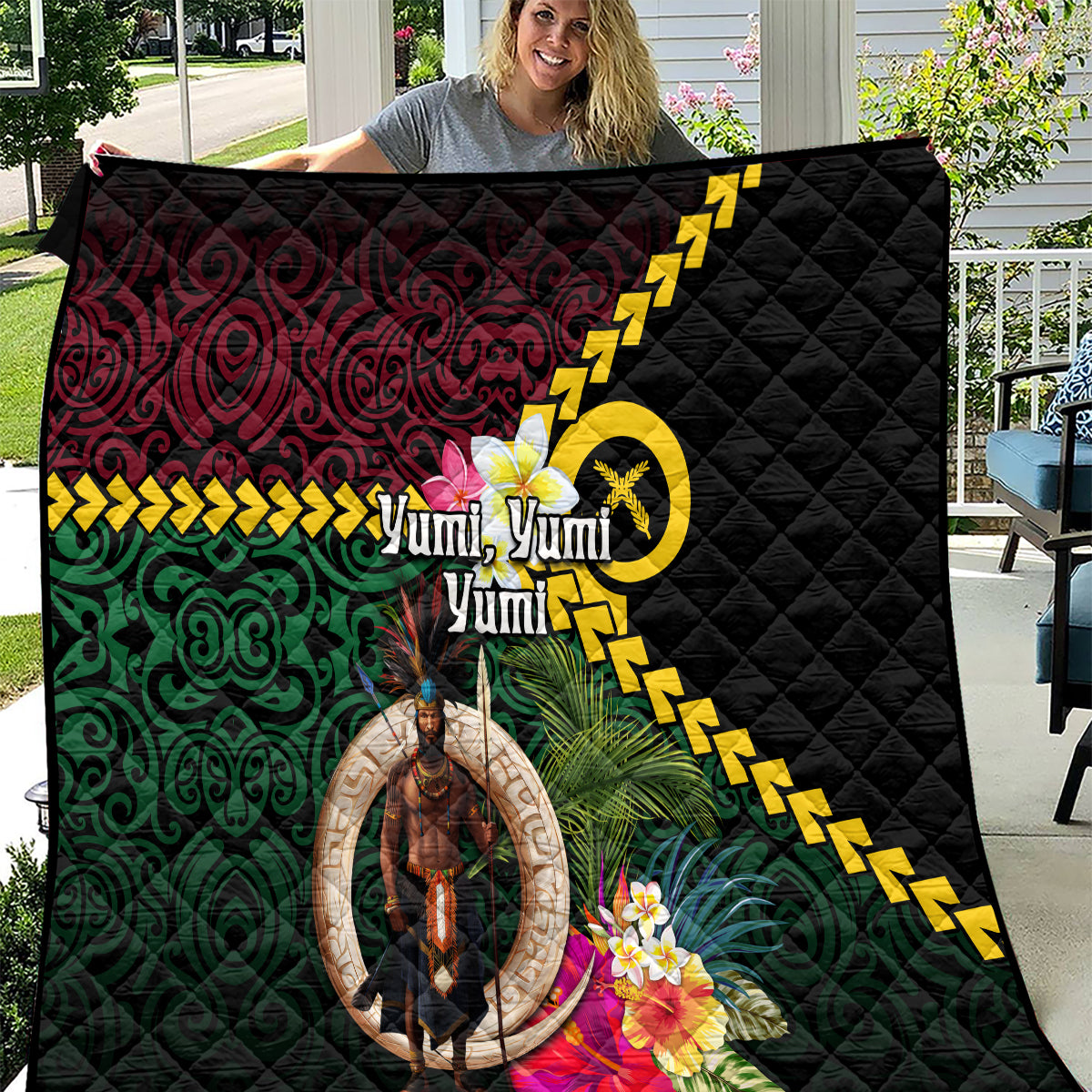 Vanuatu Indipendens Dei Quilt Boars Tusk and Melanesian Warrior Hibiscus