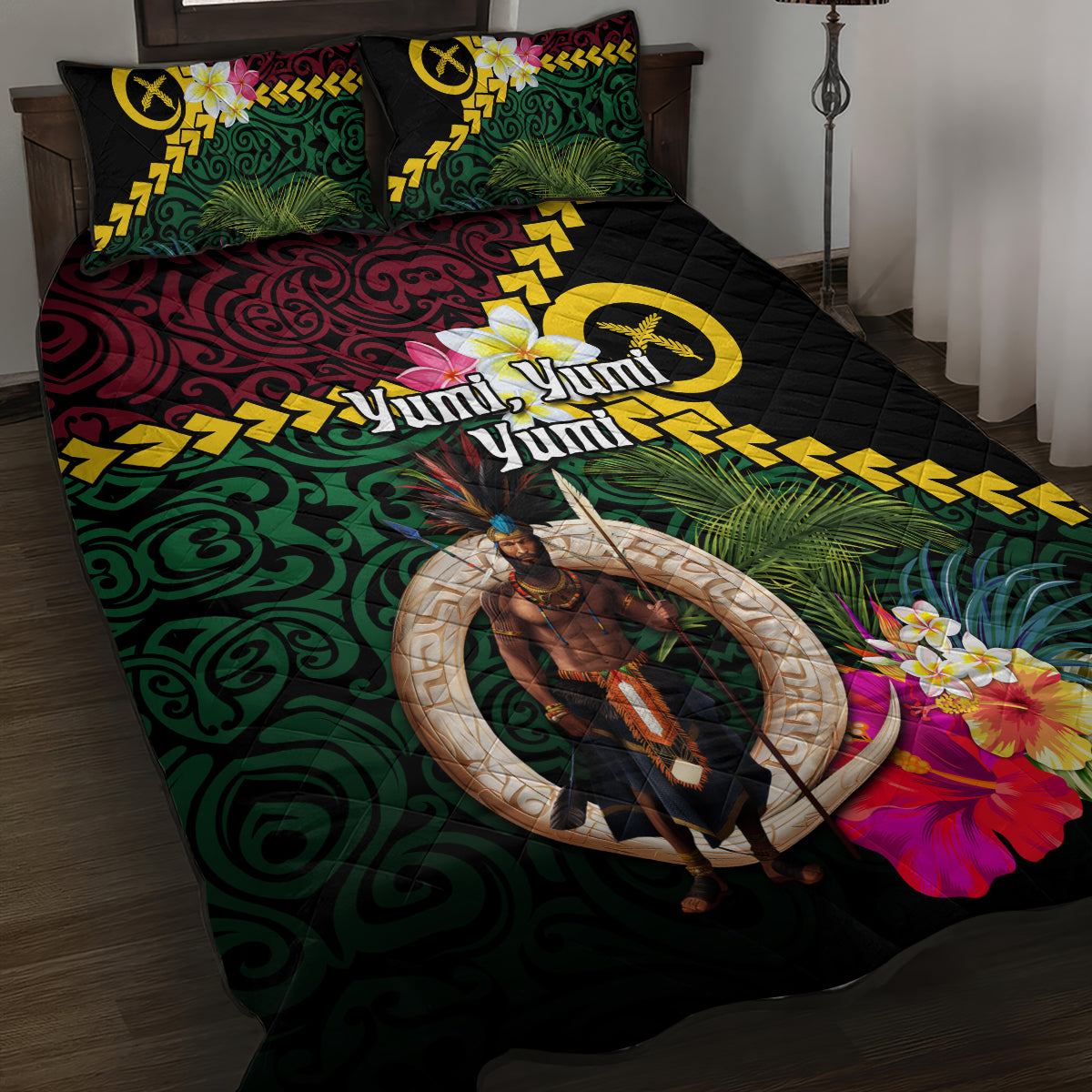 Vanuatu Indipendens Dei Quilt Bed Set Boars Tusk and Melanesian Warrior Hibiscus