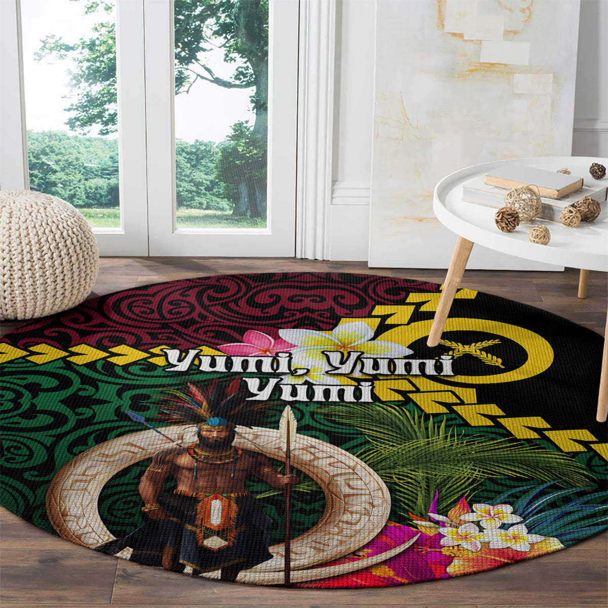 Vanuatu Indipendens Dei Round Carpet Boars Tusk and Melanesian Warrior Hibiscus