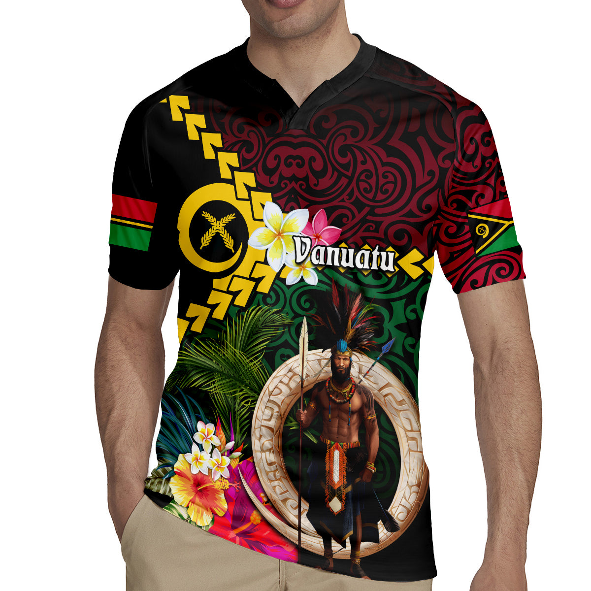 Vanuatu Indipendens Dei Rugby Jersey Boars Tusk and Melanesian Warrior Hibiscus LT03 - Polynesian Pride