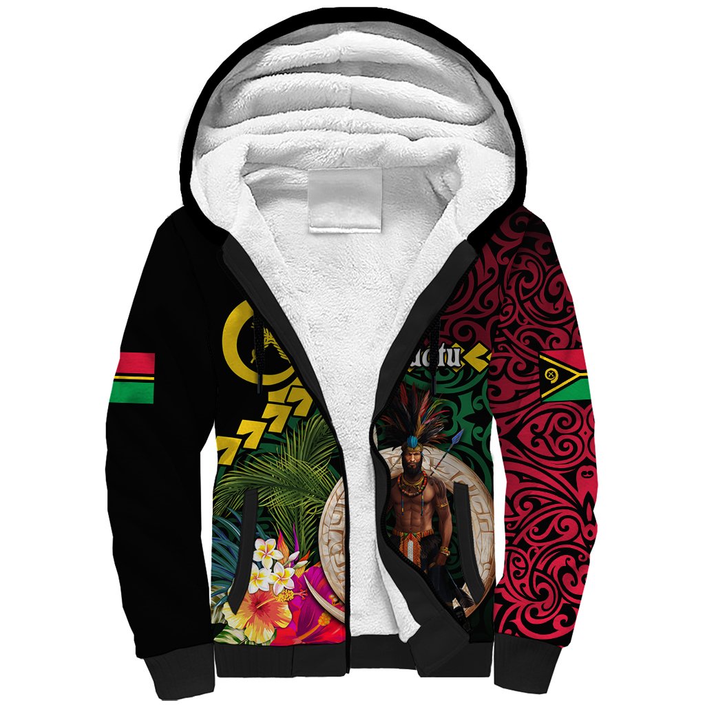 Vanuatu Indipendens Dei Sherpa Hoodie Boars Tusk and Melanesian Warrior Hibiscus LT03 Unisex Black - Polynesian Pride