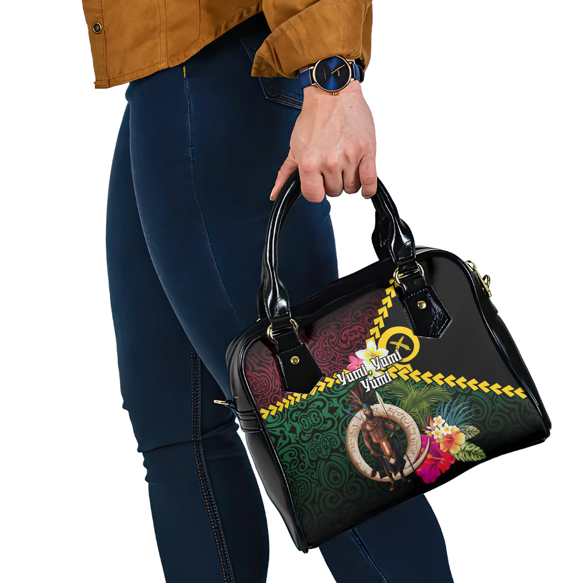 Vanuatu Indipendens Dei Shoulder Handbag Boars Tusk and Melanesian Warrior Hibiscus