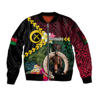 Vanuatu Indipendens Dei Sleeve Zip Bomber Jacket Boars Tusk and Melanesian Warrior Hibiscus LT03 Unisex Black - Polynesian Pride