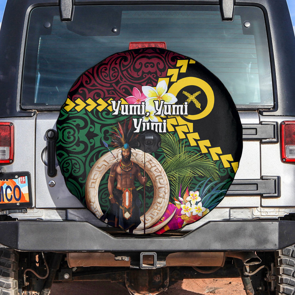 Vanuatu Indipendens Dei Spare Tire Cover Boars Tusk and Melanesian Warrior Hibiscus LT03 Black - Polynesian Pride