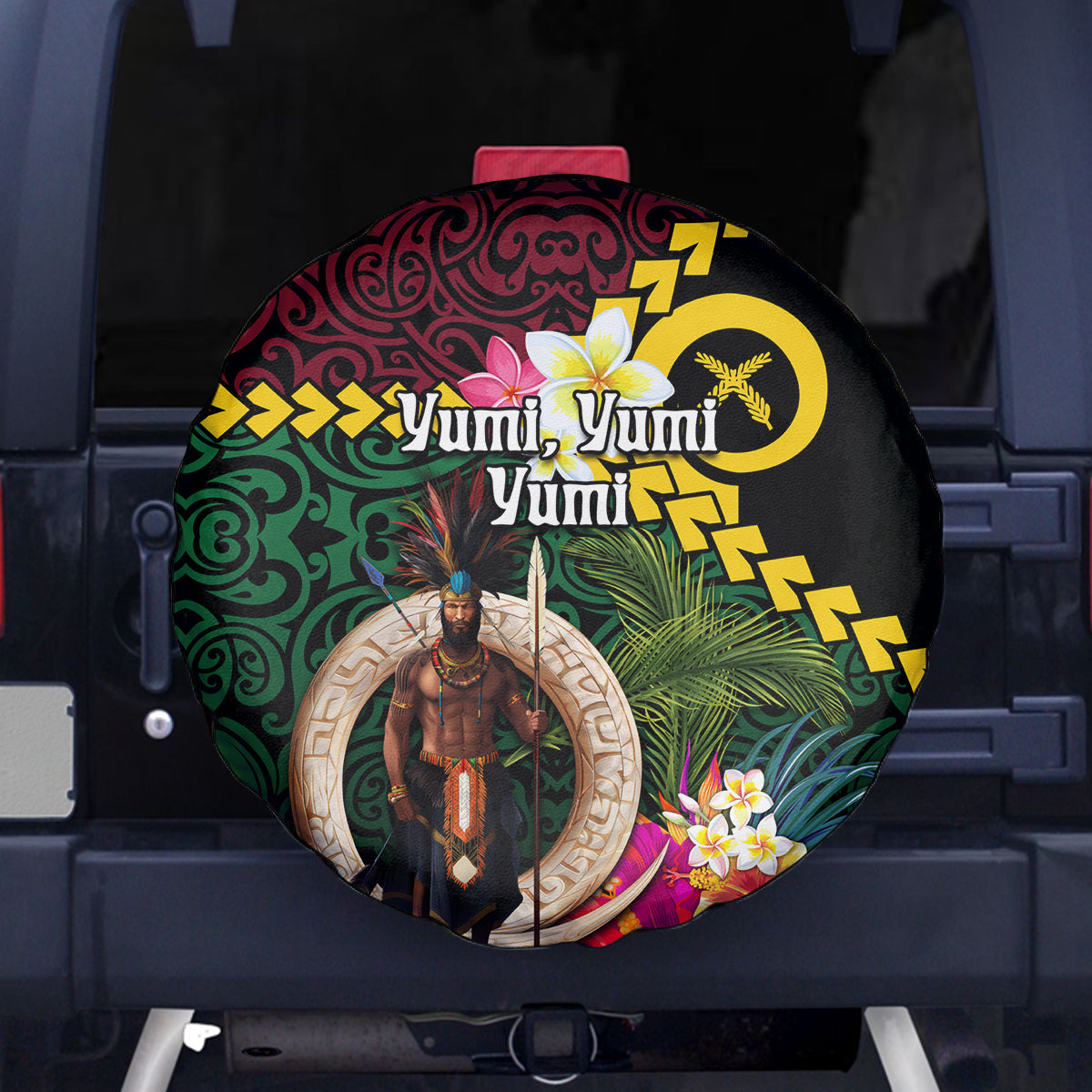Vanuatu Indipendens Dei Spare Tire Cover Boars Tusk and Melanesian Warrior Hibiscus LT03 - Polynesian Pride