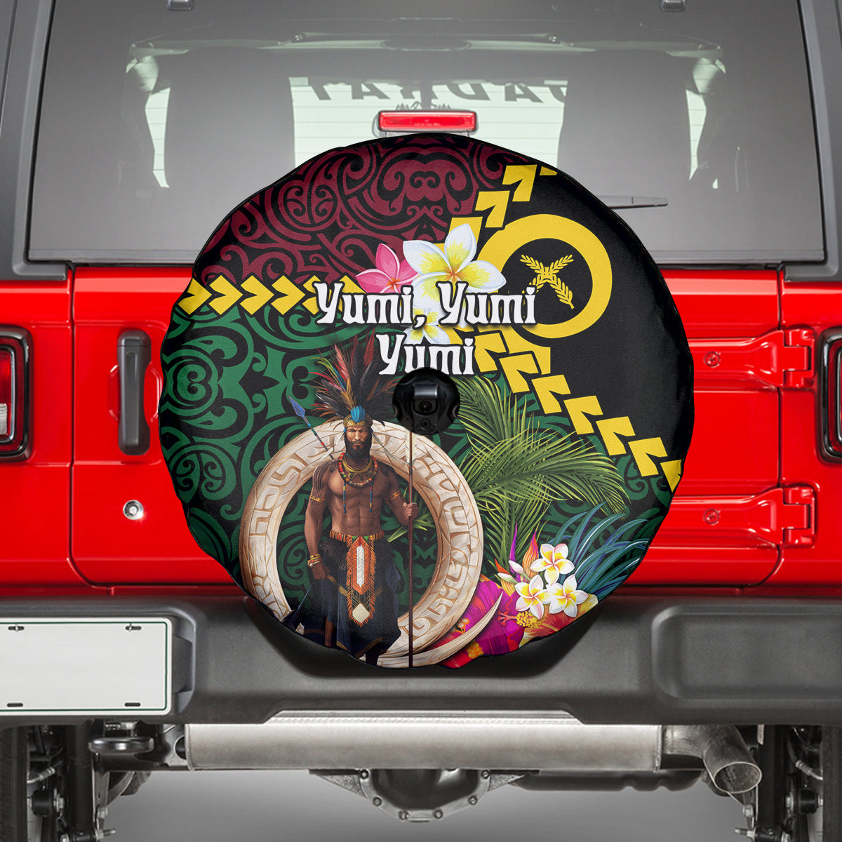 Vanuatu Indipendens Dei Spare Tire Cover Boars Tusk and Melanesian Warrior Hibiscus LT03 - Polynesian Pride