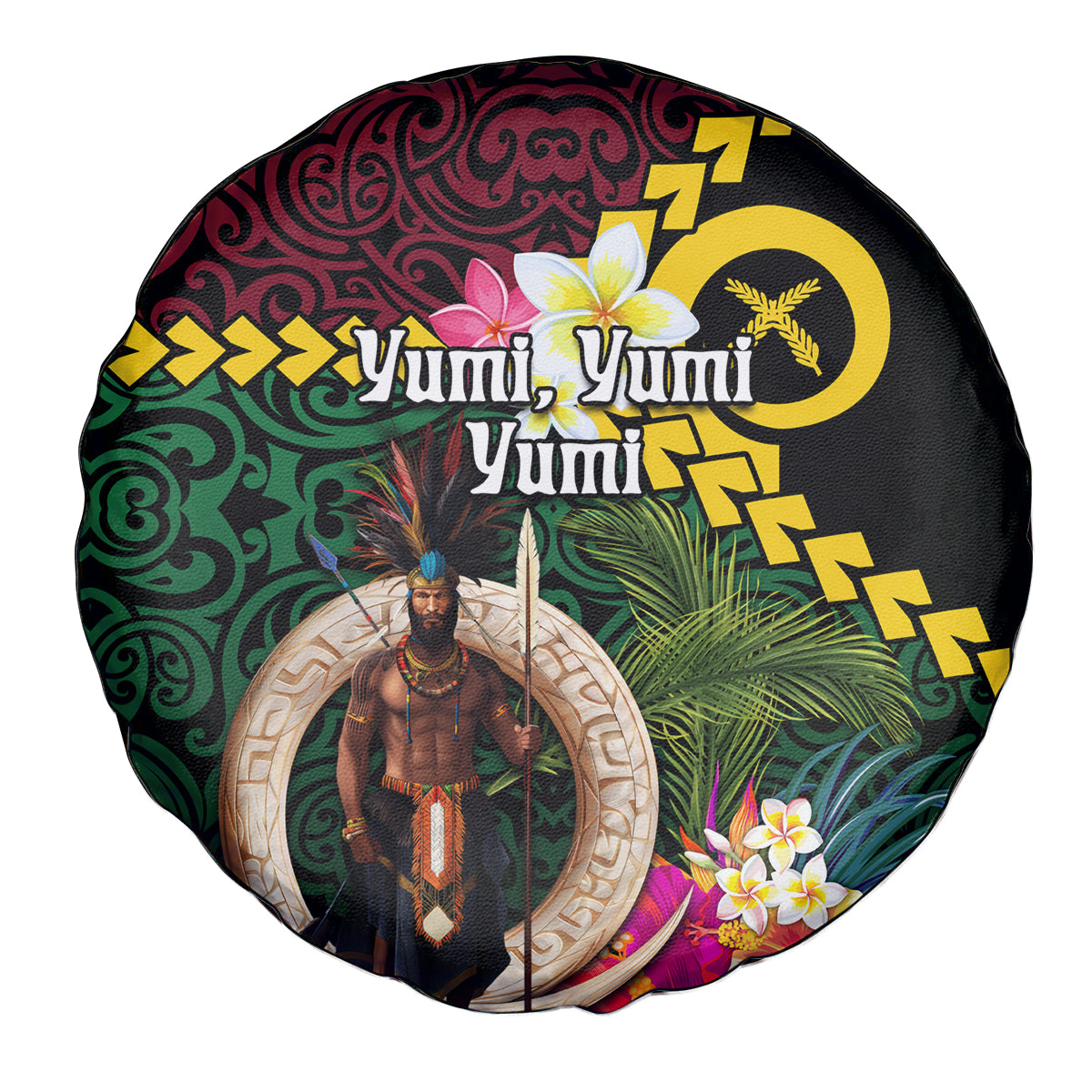 Vanuatu Indipendens Dei Spare Tire Cover Boars Tusk and Melanesian Warrior Hibiscus LT03 - Polynesian Pride