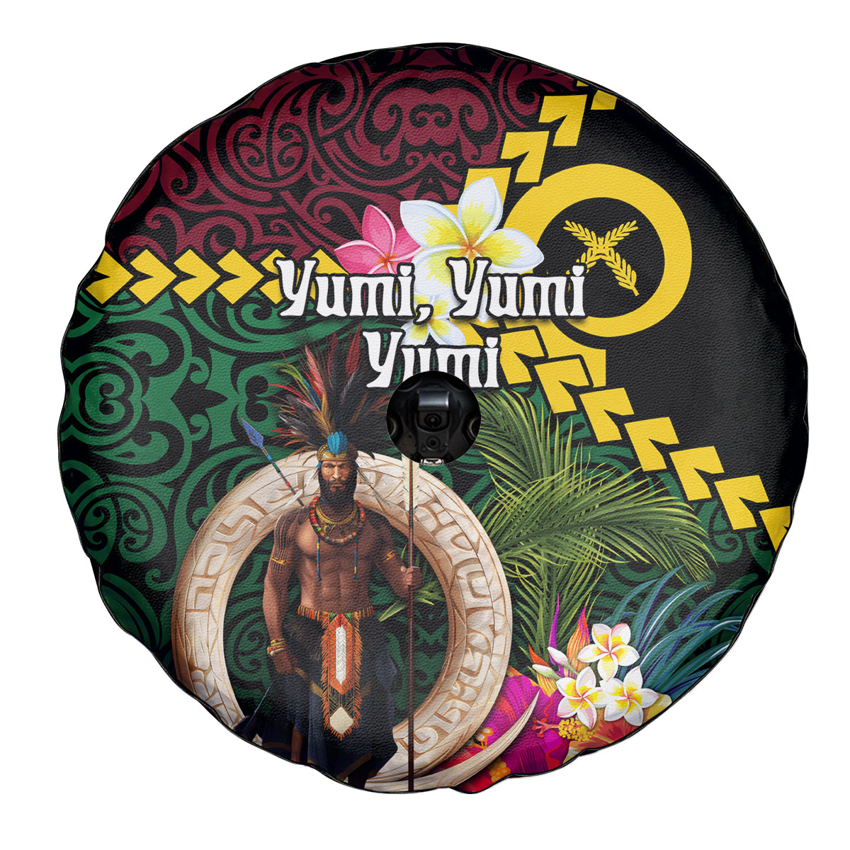 Vanuatu Indipendens Dei Spare Tire Cover Boars Tusk and Melanesian Warrior Hibiscus LT03 - Polynesian Pride