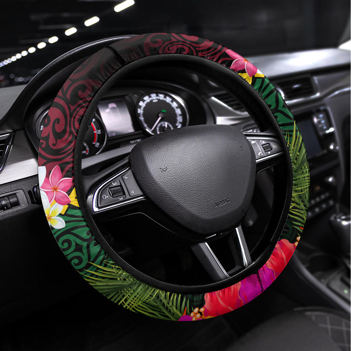 Vanuatu Indipendens Dei Steering Wheel Cover Boars Tusk and Melanesian Warrior Hibiscus