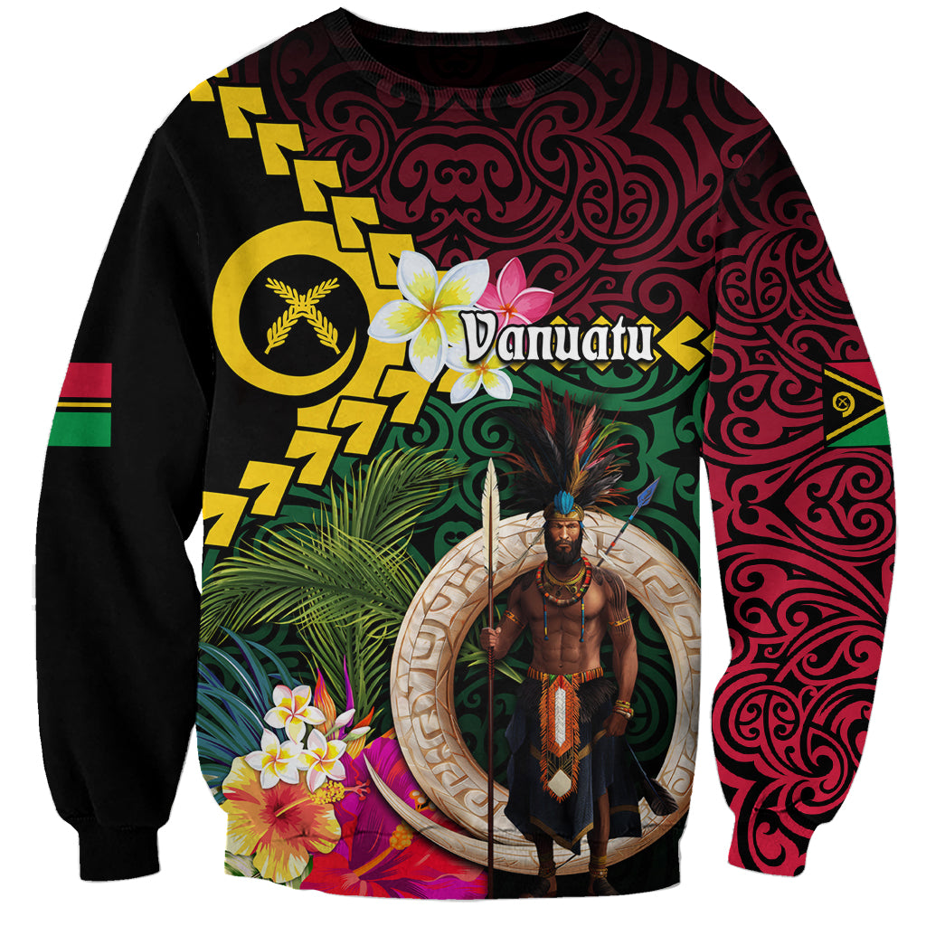Vanuatu Indipendens Dei Sweatshirt Boars Tusk and Melanesian Warrior Hibiscus LT03 Unisex Black - Polynesian Pride