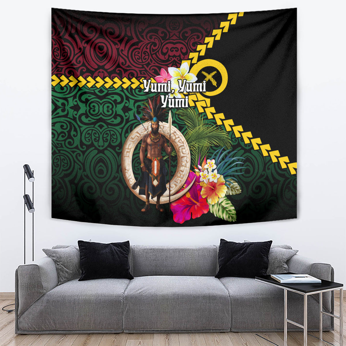 Vanuatu Indipendens Dei Tapestry Boars Tusk and Melanesian Warrior Hibiscus