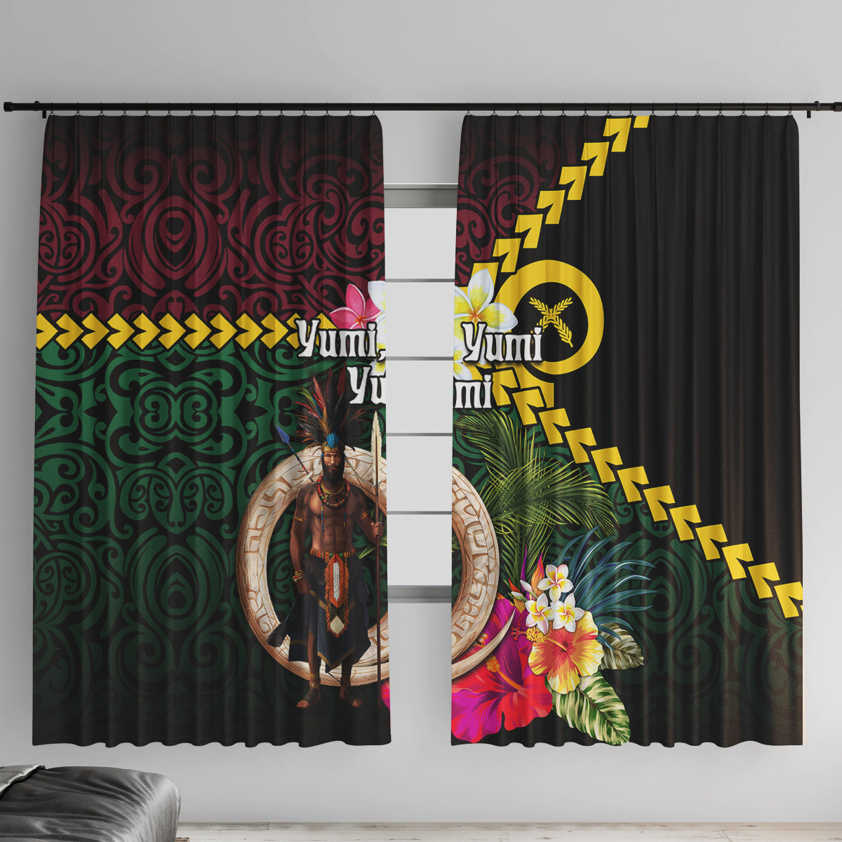 Vanuatu Indipendens Dei Window Curtain Boars Tusk and Melanesian Warrior Hibiscus