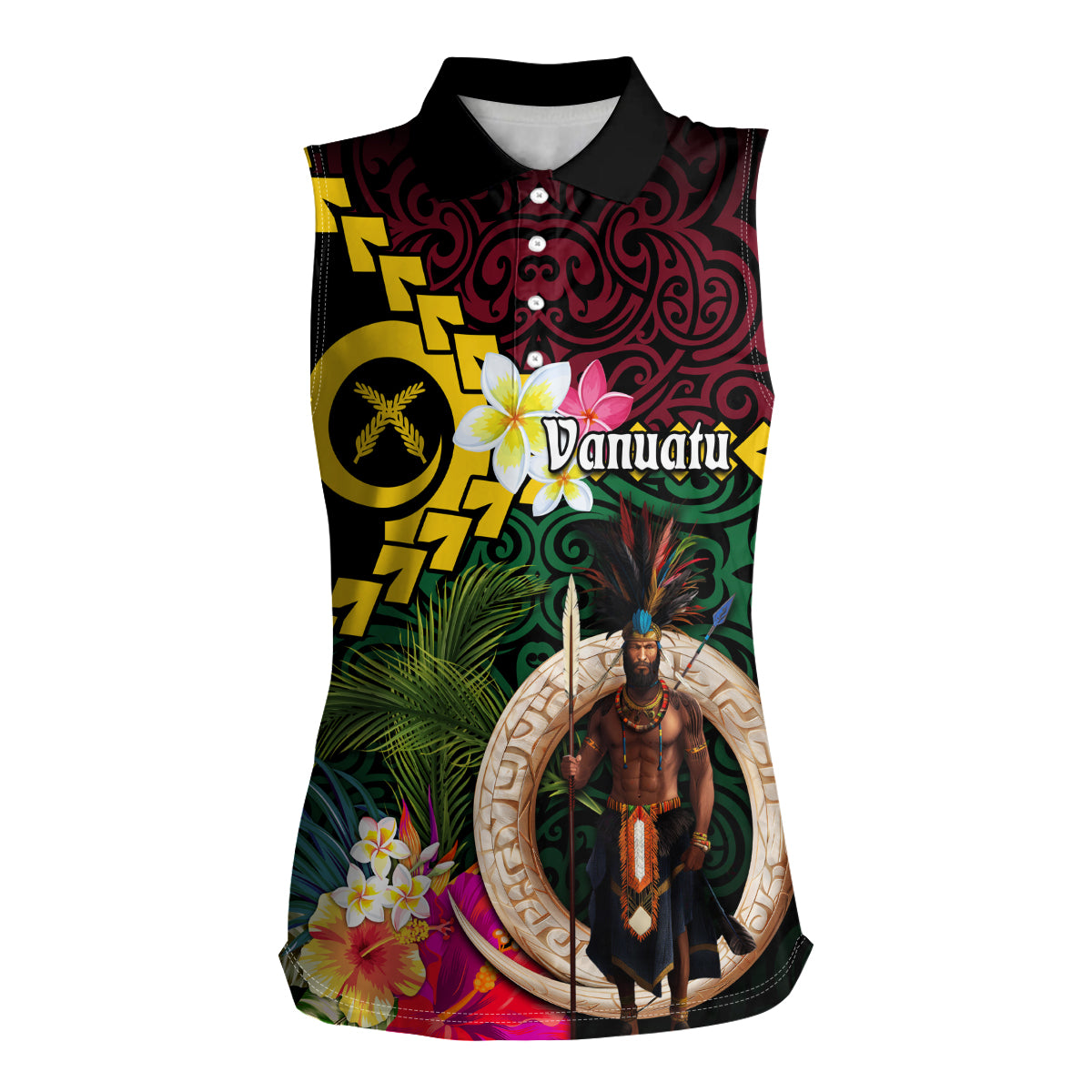 Vanuatu Indipendens Dei Women Sleeveless Polo Shirt Boars Tusk and Melanesian Warrior Hibiscus