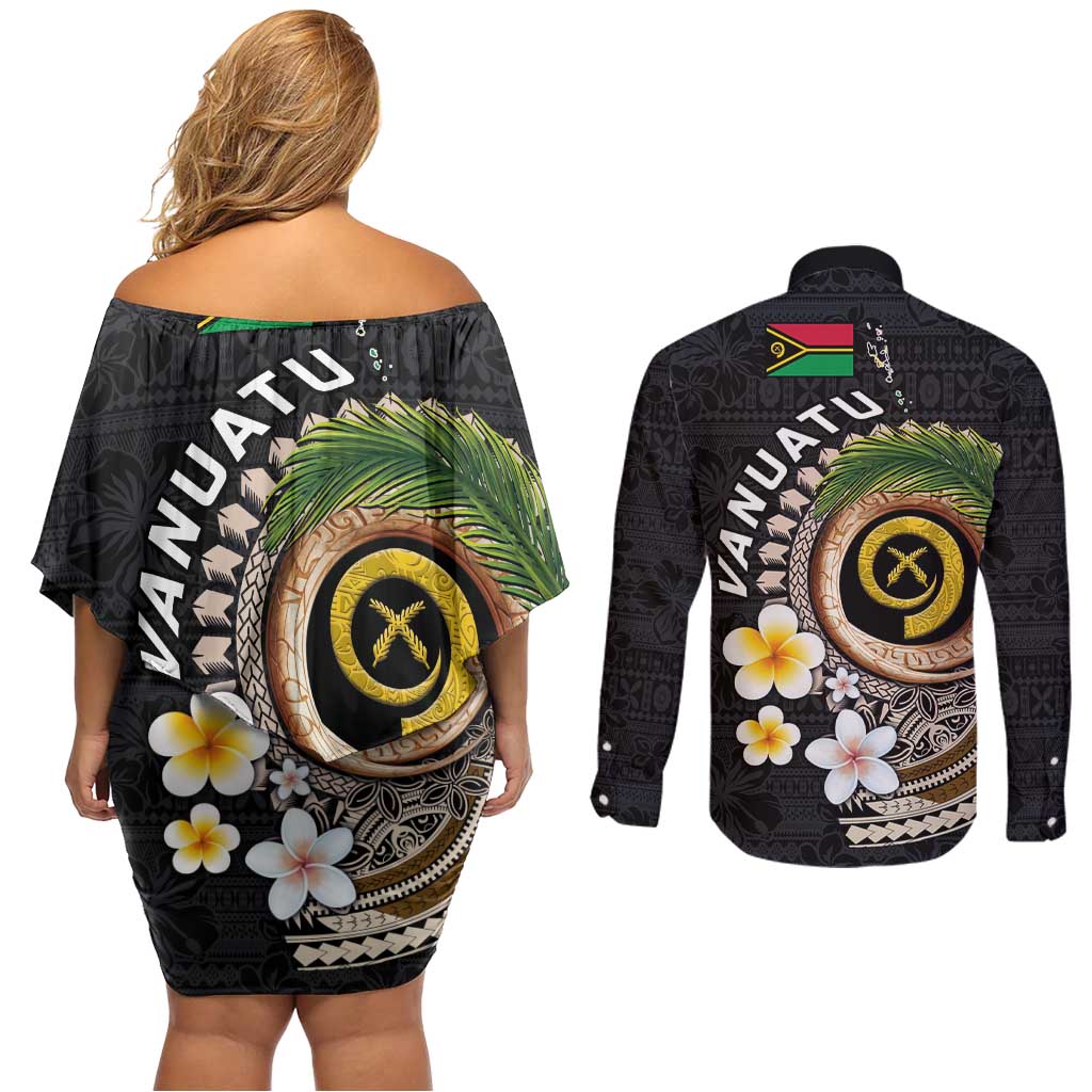 Vanuatu Independence Day Couples Matching Off Shoulder Short Dress and Long Sleeve Button Shirt Melanesian Tribal Pig Tusk with Tropical Plants