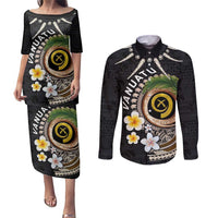 Vanuatu Independence Day Couples Matching Puletasi and Long Sleeve Button Shirt Melanesian Tribal Pig Tusk with Tropical Plants