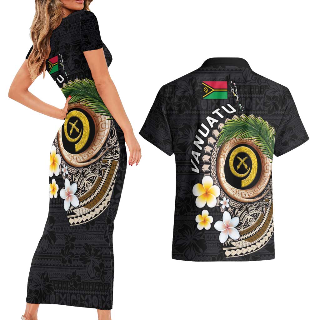 Vanuatu Independence Day Couples Matching Short Sleeve Bodycon Dress and Hawaiian Shirt Melanesian Tribal Pig Tusk with Tropical Plants