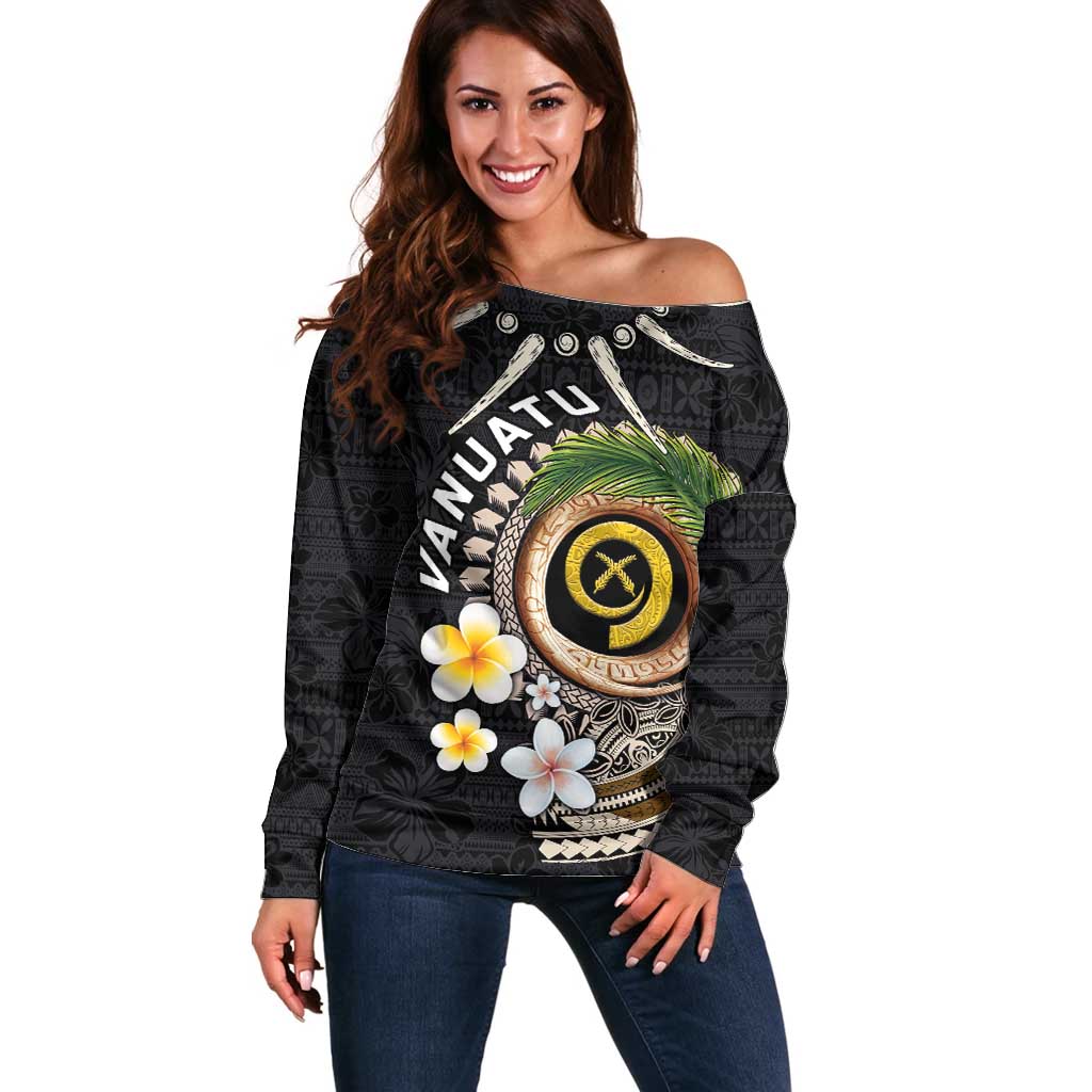 Vanuatu Independence Day Off Shoulder Sweater Melanesian Tribal Pig Tusk with Tropical Plants
