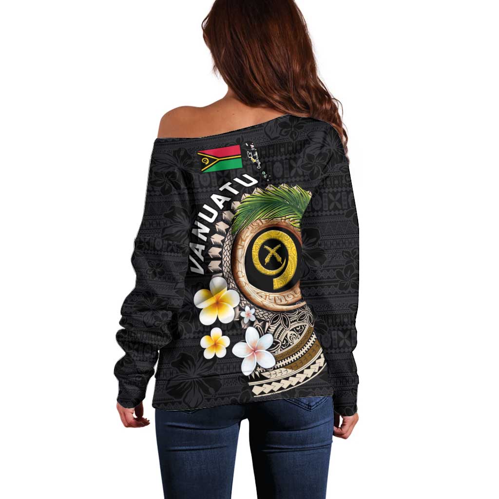 Vanuatu Independence Day Off Shoulder Sweater Melanesian Tribal Pig Tusk with Tropical Plants