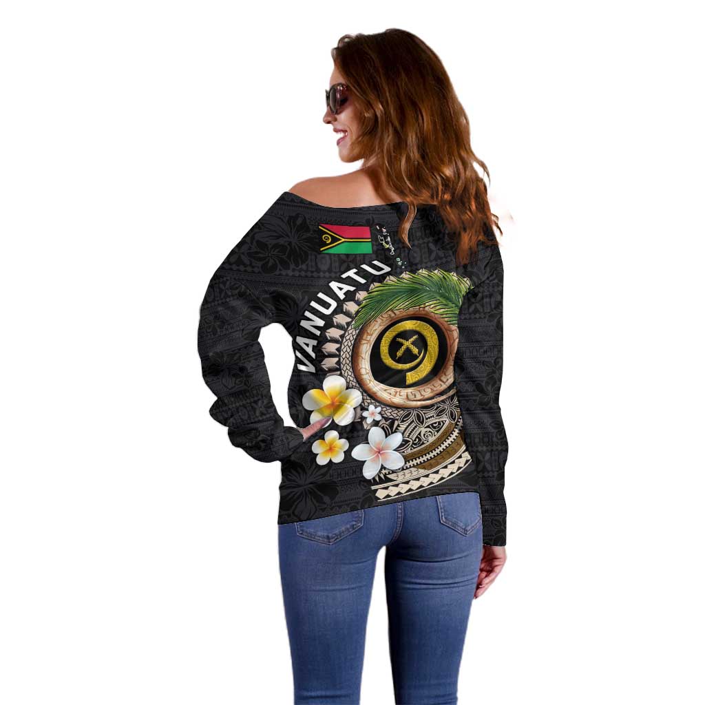 Vanuatu Independence Day Off Shoulder Sweater Melanesian Tribal Pig Tusk with Tropical Plants