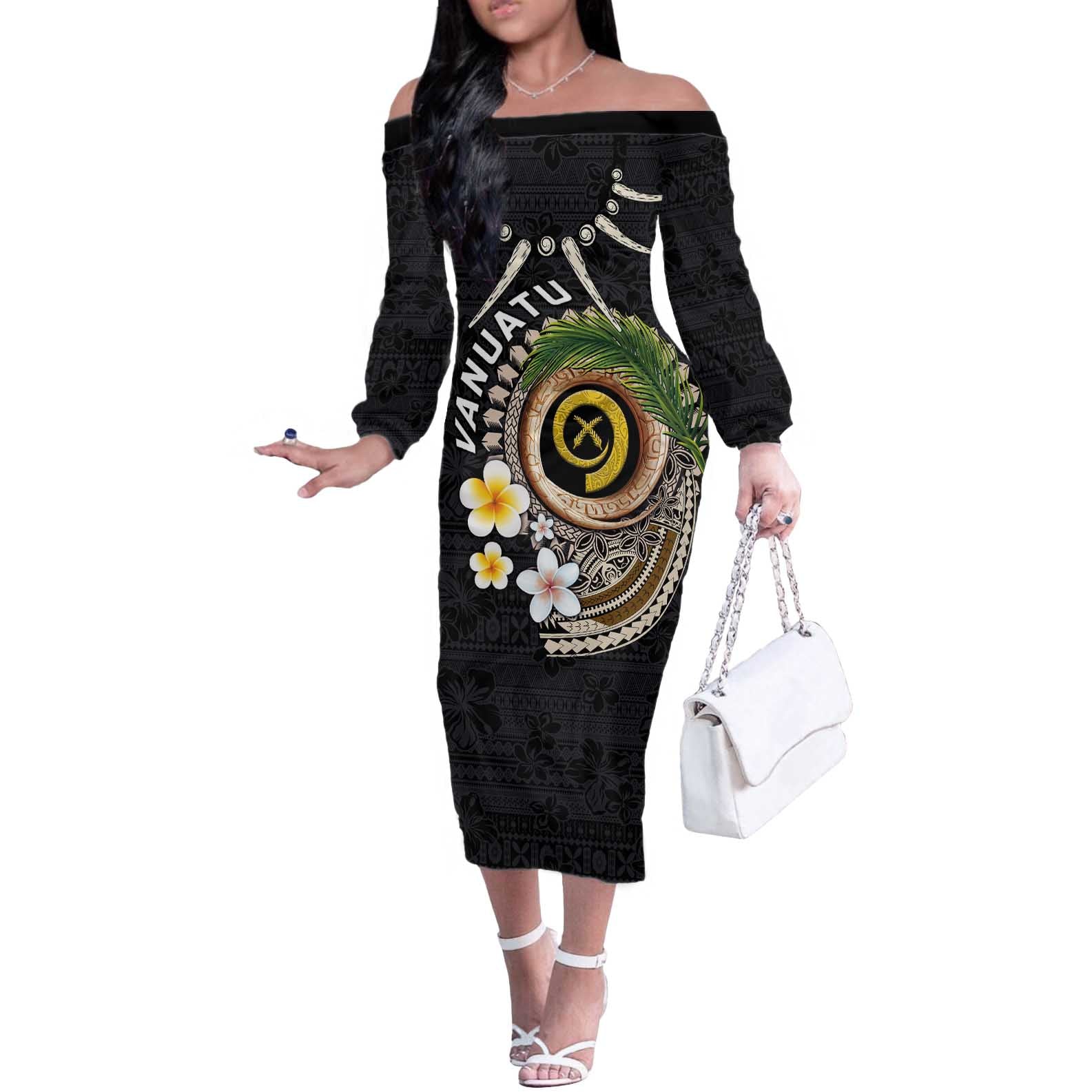 Vanuatu Independence Day Off The Shoulder Long Sleeve Dress Melanesian Tribal Pig Tusk with Tropical Plants