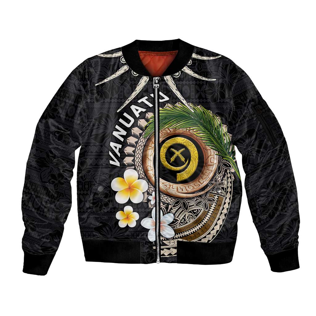 Vanuatu Independence Day Sleeve Zip Bomber Jacket Melanesian Tribal Pig Tusk with Tropical Plants