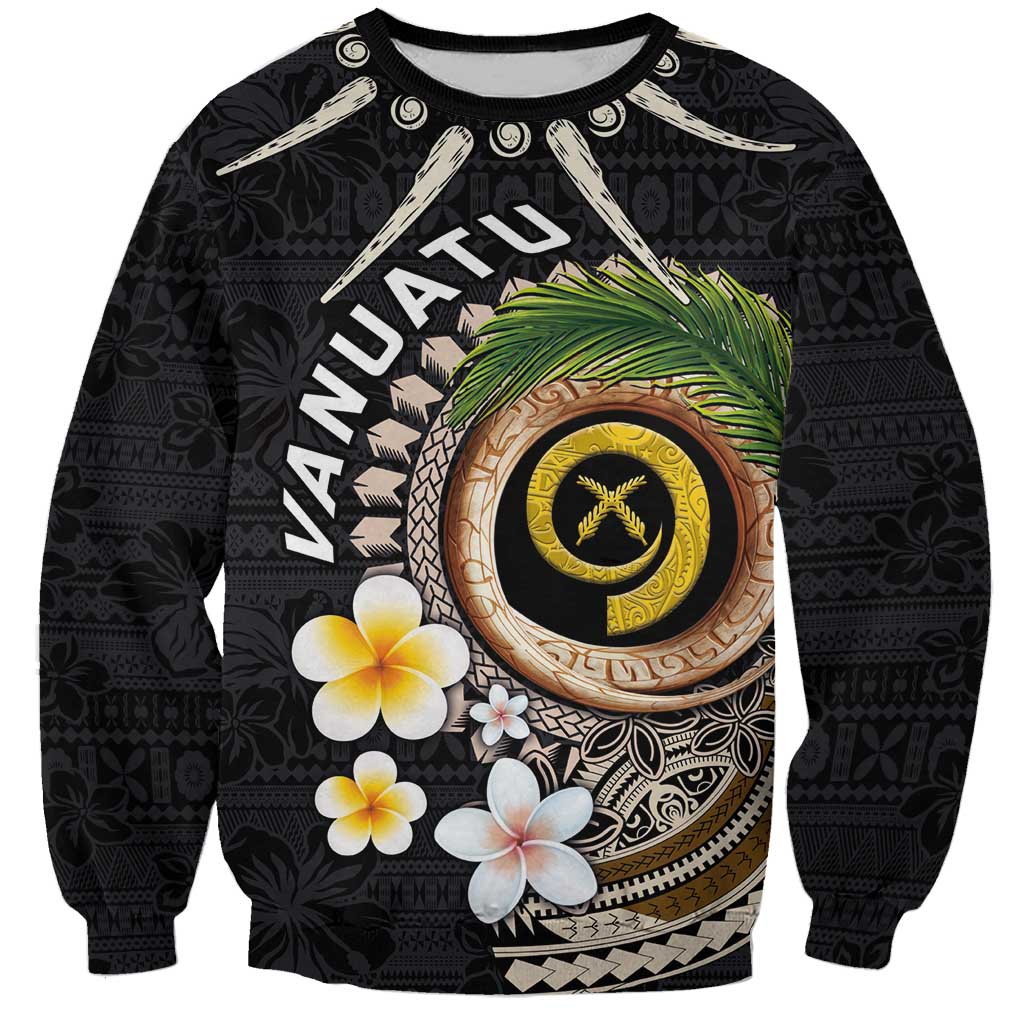 Vanuatu Independence Day Sweatshirt Melanesian Tribal Pig Tusk with Tropical Plants LT03 Unisex Black - Polynesian Pride