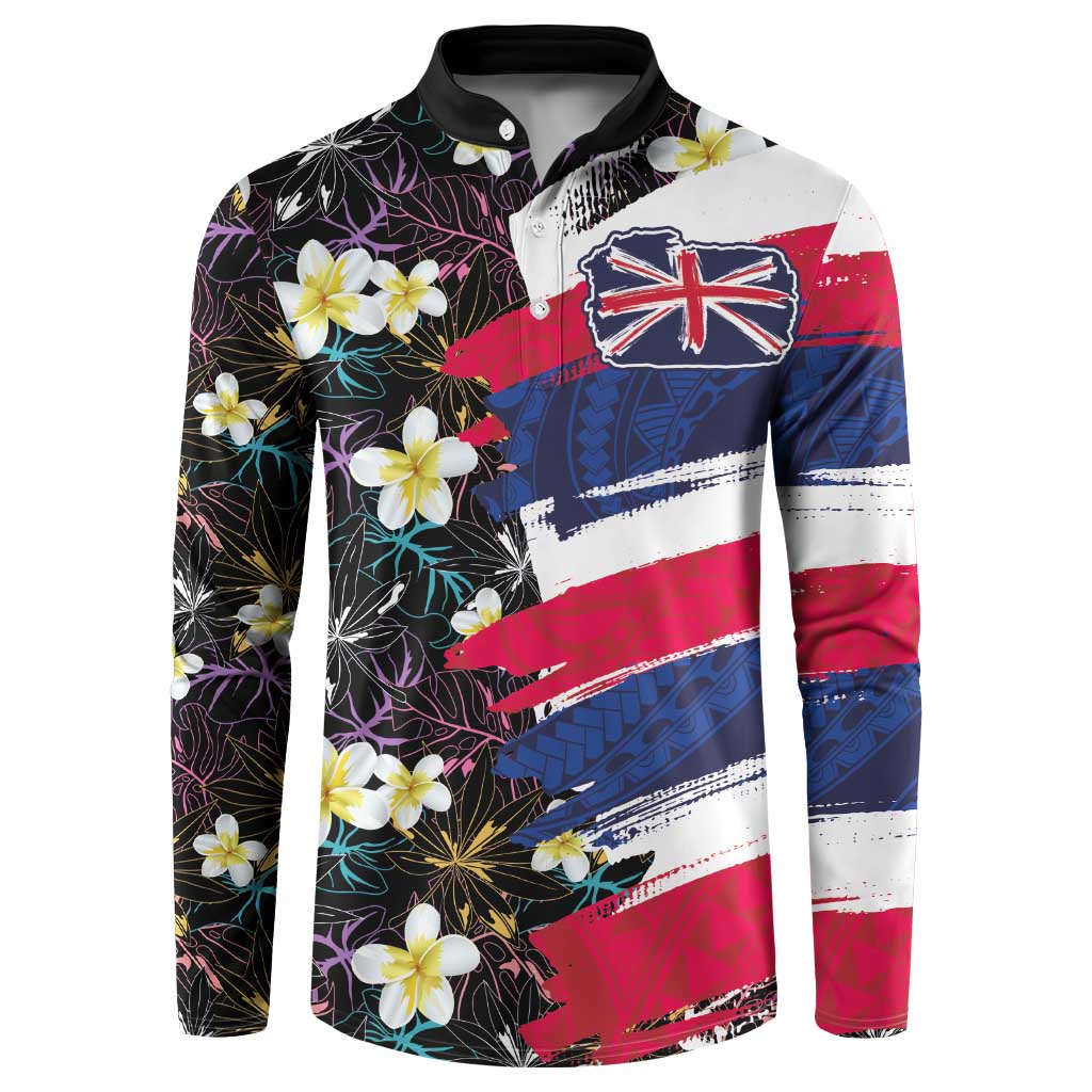 Hawaiian Flag Day Button Sweatshirt Tropical Flowers and Leaves LT03 Black - Polynesian Pride
