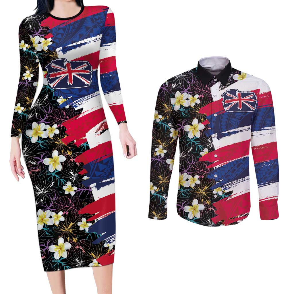 Hawaiian Flag Day Couples Matching Long Sleeve Bodycon Dress and Long Sleeve Button Shirt Tropical Flowers and Leaves LT03 Black - Polynesian Pride