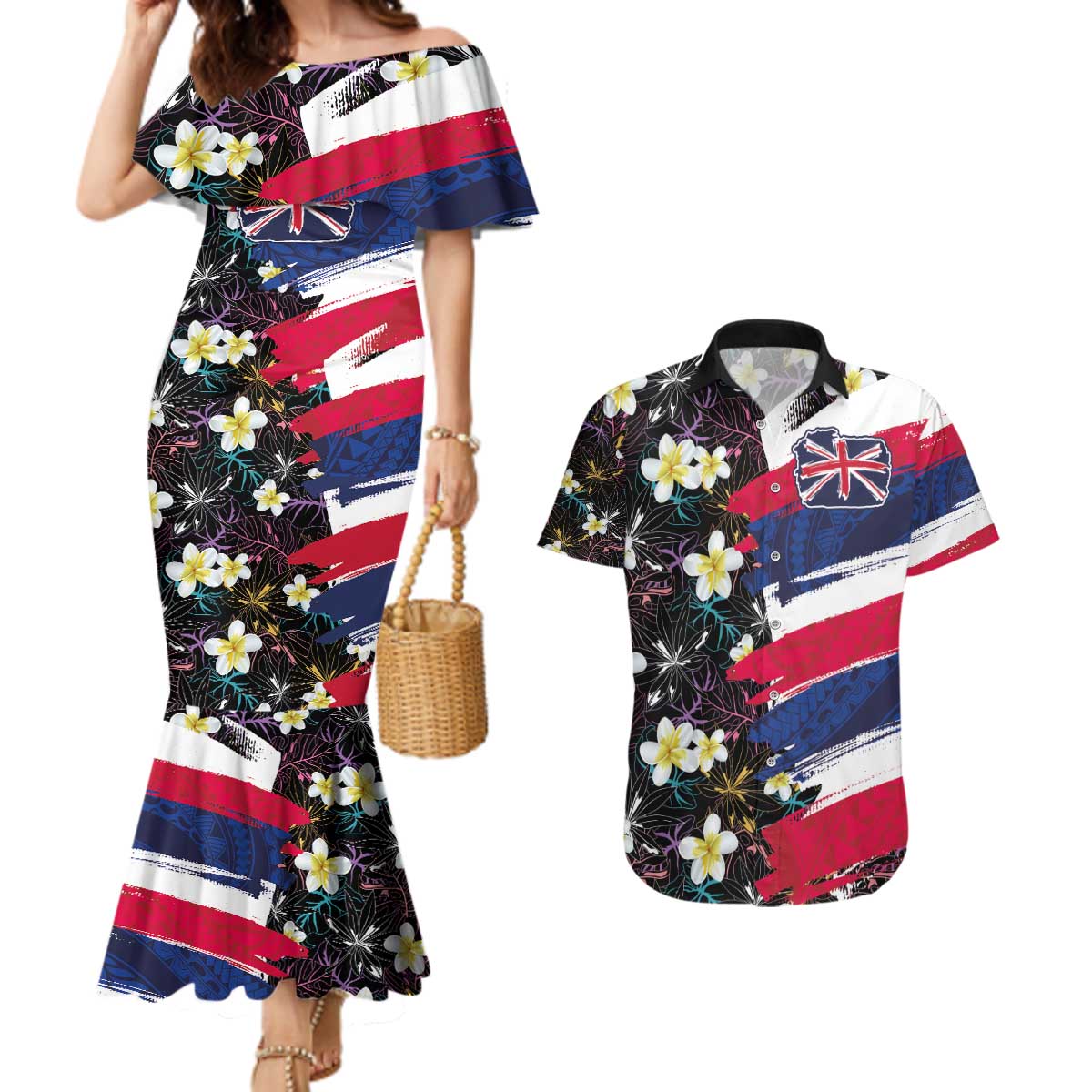 Hawaiian Flag Day Couples Matching Mermaid Dress and Hawaiian Shirt Tropical Flowers and Leaves
