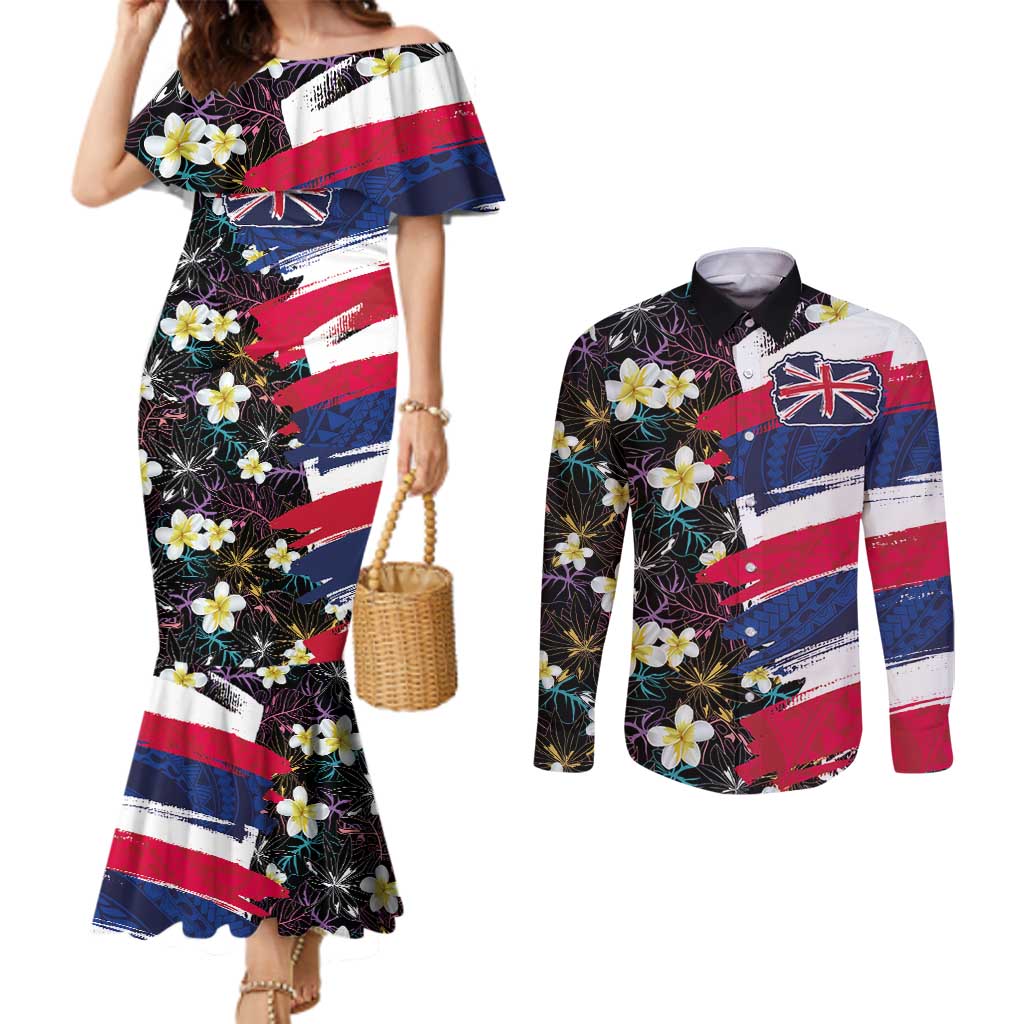 Hawaiian Flag Day Couples Matching Mermaid Dress and Long Sleeve Button Shirt Tropical Flowers and Leaves LT03 Black - Polynesian Pride