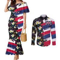 Hawaiian Flag Day Couples Matching Mermaid Dress and Long Sleeve Button Shirt Tropical Flowers and Leaves LT03 Black - Polynesian Pride