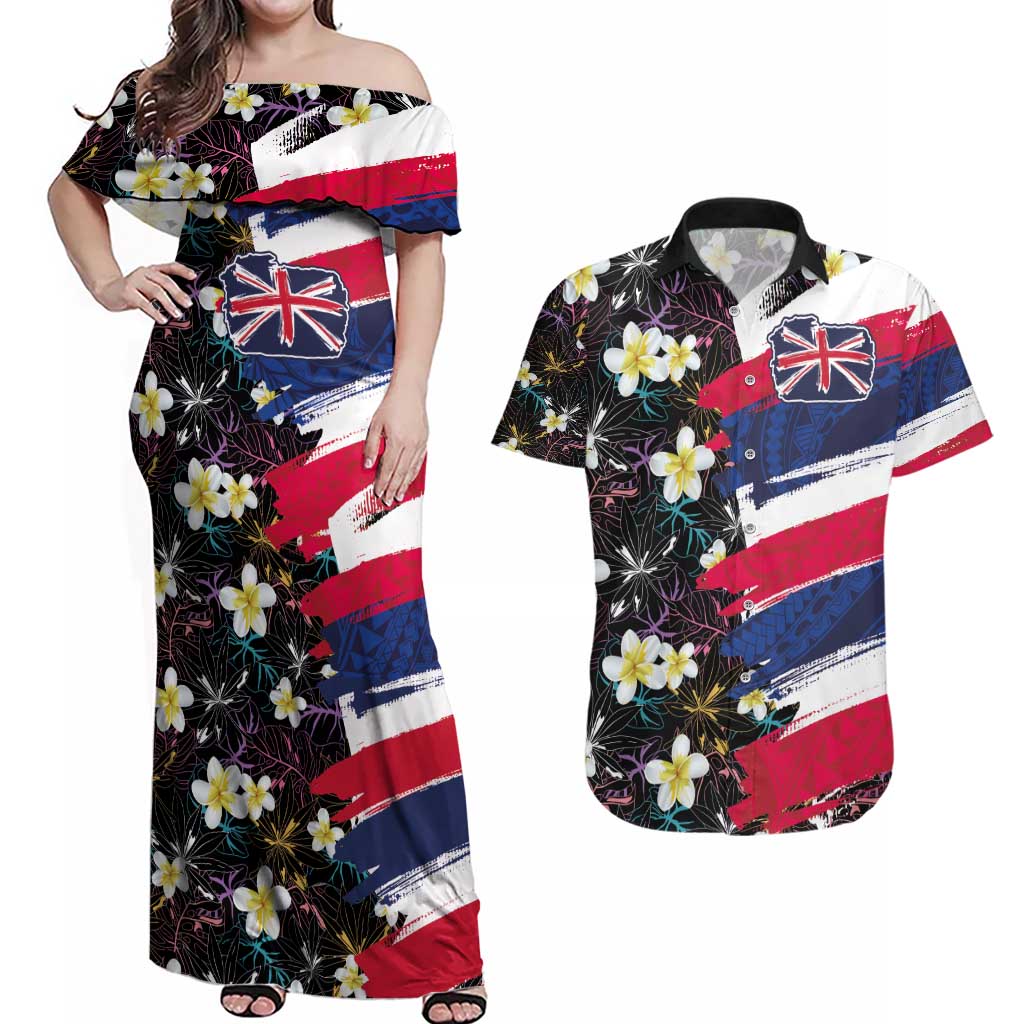 Hawaiian Flag Day Couples Matching Off Shoulder Maxi Dress and Hawaiian Shirt Tropical Flowers and Leaves LT03 Black - Polynesian Pride