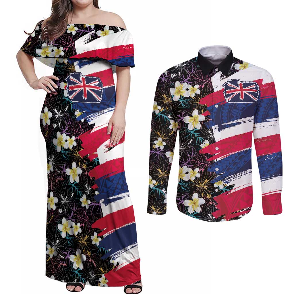 Hawaiian Flag Day Couples Matching Off Shoulder Maxi Dress and Long Sleeve Button Shirt Tropical Flowers and Leaves LT03 Black - Polynesian Pride