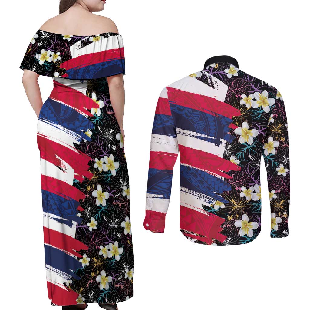 Hawaiian Flag Day Couples Matching Off Shoulder Maxi Dress and Long Sleeve Button Shirt Tropical Flowers and Leaves LT03 - Polynesian Pride