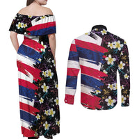 Hawaiian Flag Day Couples Matching Off Shoulder Maxi Dress and Long Sleeve Button Shirt Tropical Flowers and Leaves LT03 - Polynesian Pride
