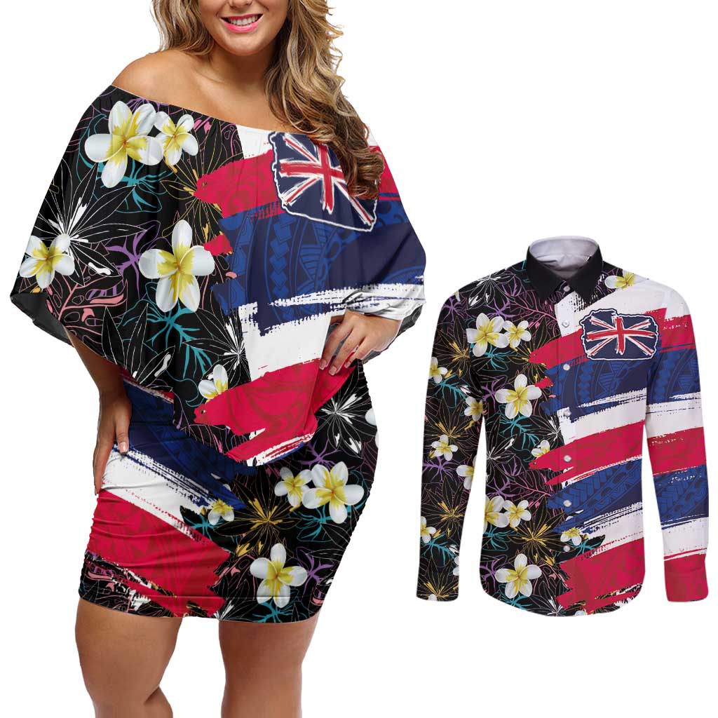 Hawaiian Flag Day Couples Matching Off Shoulder Short Dress and Long Sleeve Button Shirt Tropical Flowers and Leaves LT03 Black - Polynesian Pride