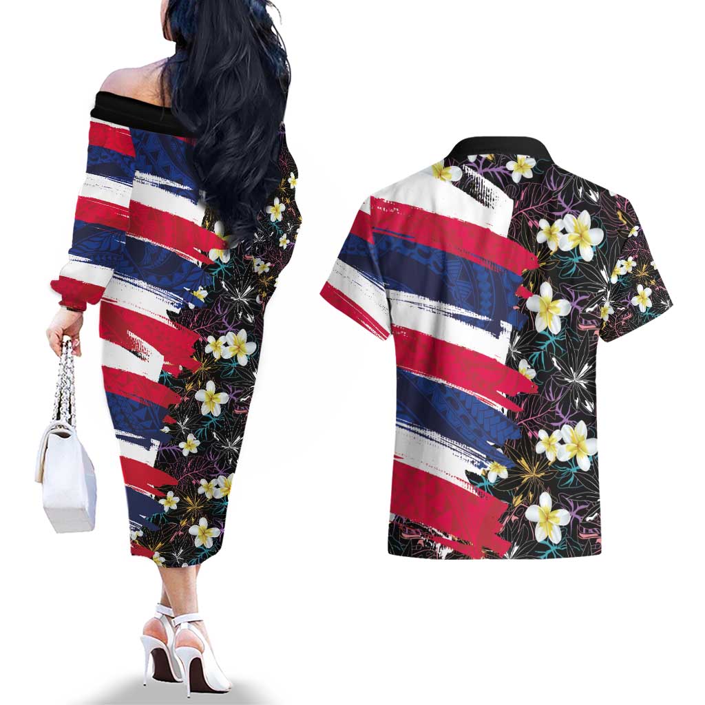 Hawaiian Flag Day Couples Matching Off The Shoulder Long Sleeve Dress and Hawaiian Shirt Tropical Flowers and Leaves