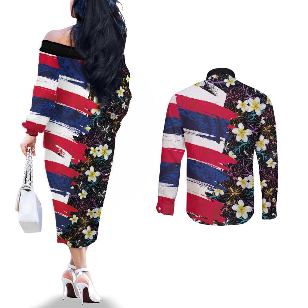 Hawaiian Flag Day Couples Matching Off The Shoulder Long Sleeve Dress and Long Sleeve Button Shirt Tropical Flowers and Leaves