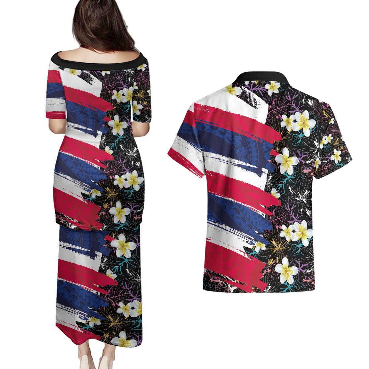Hawaiian Flag Day Couples Matching Puletasi and Hawaiian Shirt Tropical Flowers and Leaves