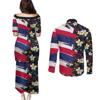 Hawaiian Flag Day Couples Matching Puletasi and Long Sleeve Button Shirt Tropical Flowers and Leaves LT03 - Polynesian Pride