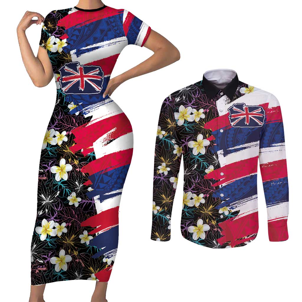 Hawaiian Flag Day Couples Matching Short Sleeve Bodycon Dress and Long Sleeve Button Shirt Tropical Flowers and Leaves LT03 Black - Polynesian Pride