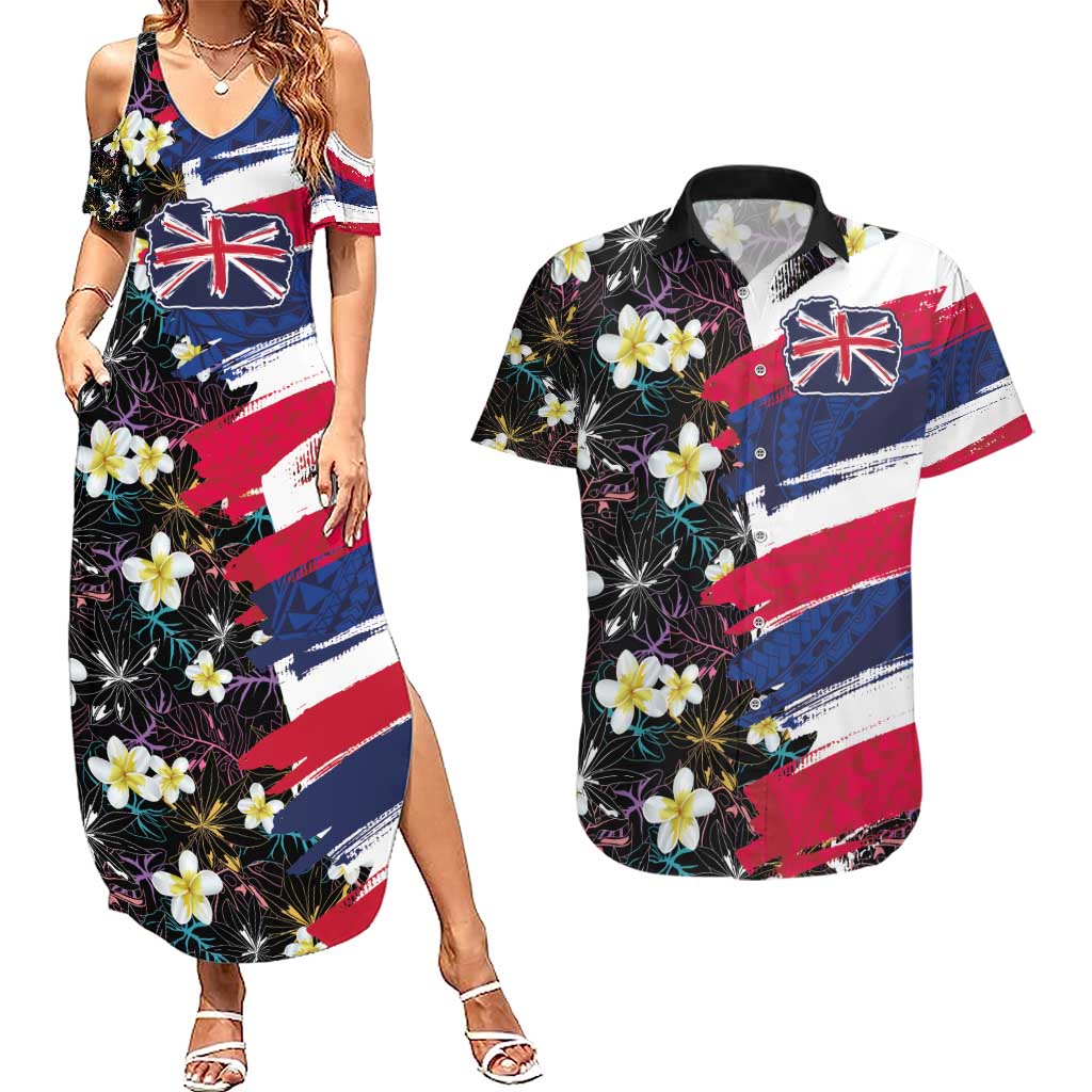 Hawaiian Flag Day Couples Matching Summer Maxi Dress and Hawaiian Shirt Tropical Flowers and Leaves LT03 Black - Polynesian Pride