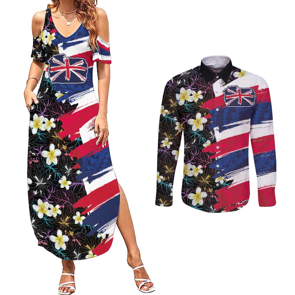 Hawaiian Flag Day Couples Matching Summer Maxi Dress and Long Sleeve Button Shirt Tropical Flowers and Leaves LT03 Black - Polynesian Pride