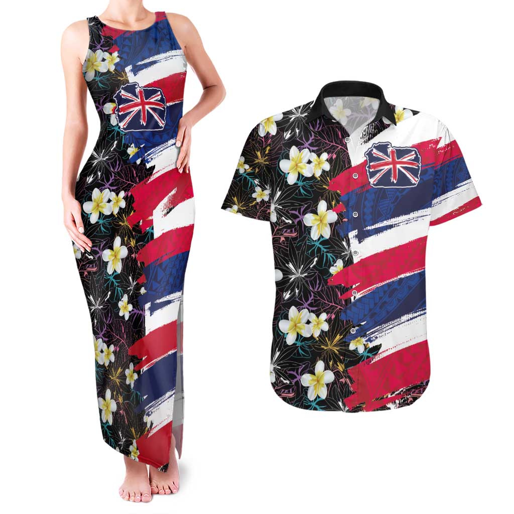 Hawaiian Flag Day Couples Matching Tank Maxi Dress and Hawaiian Shirt Tropical Flowers and Leaves LT03 Black - Polynesian Pride