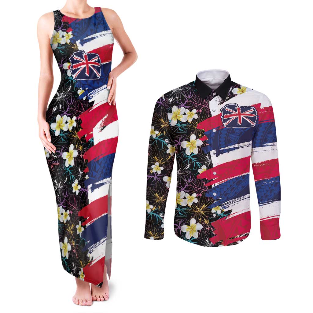 Hawaiian Flag Day Couples Matching Tank Maxi Dress and Long Sleeve Button Shirt Tropical Flowers and Leaves LT03 Black - Polynesian Pride