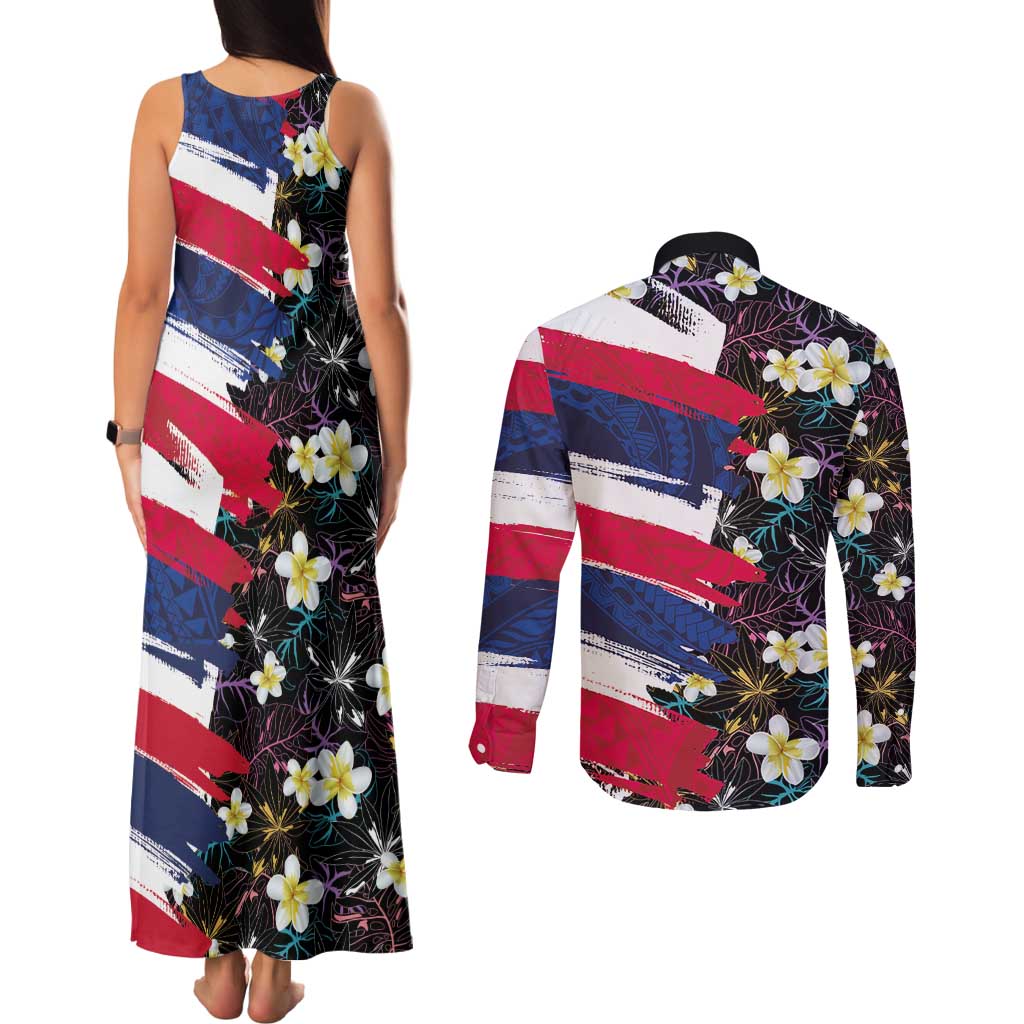 Hawaiian Flag Day Couples Matching Tank Maxi Dress and Long Sleeve Button Shirt Tropical Flowers and Leaves LT03 - Polynesian Pride