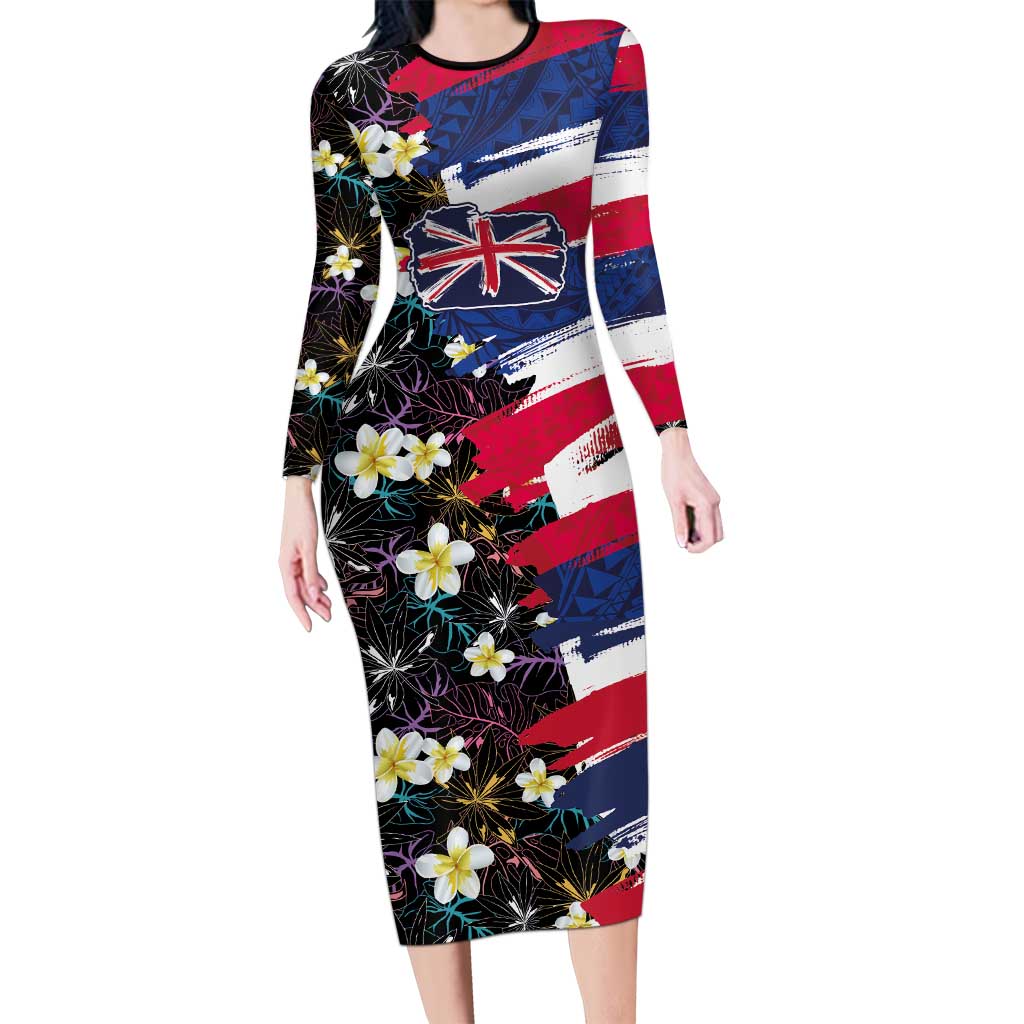 Hawaiian Flag Day Family Matching Long Sleeve Bodycon Dress and Hawaiian Shirt Tropical Flowers and Leaves