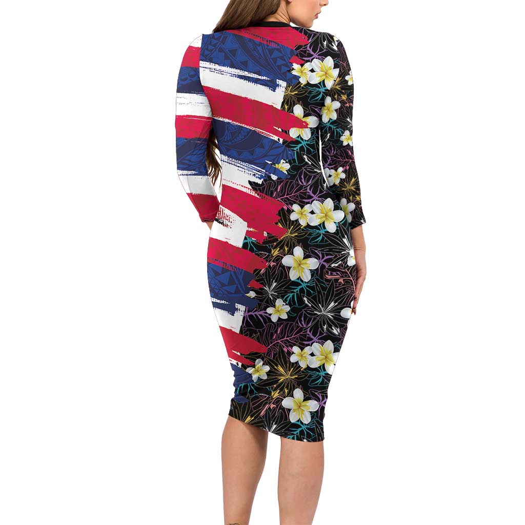 Hawaiian Flag Day Family Matching Long Sleeve Bodycon Dress and Hawaiian Shirt Tropical Flowers and Leaves