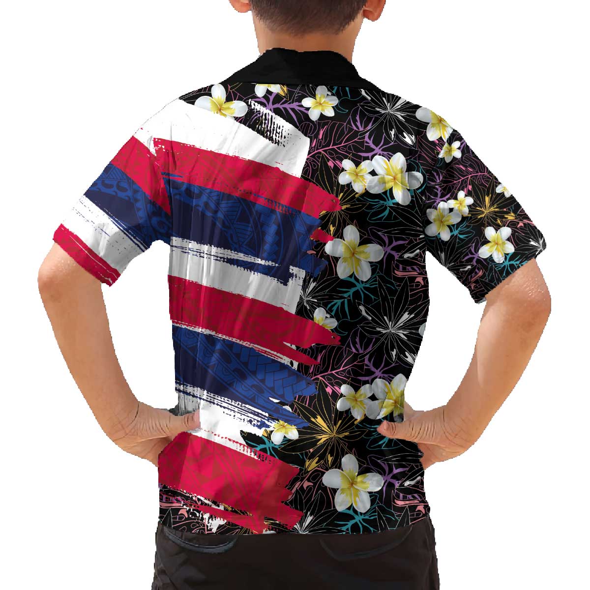 Hawaiian Flag Day Family Matching Off The Shoulder Long Sleeve Dress and Hawaiian Shirt Tropical Flowers and Leaves